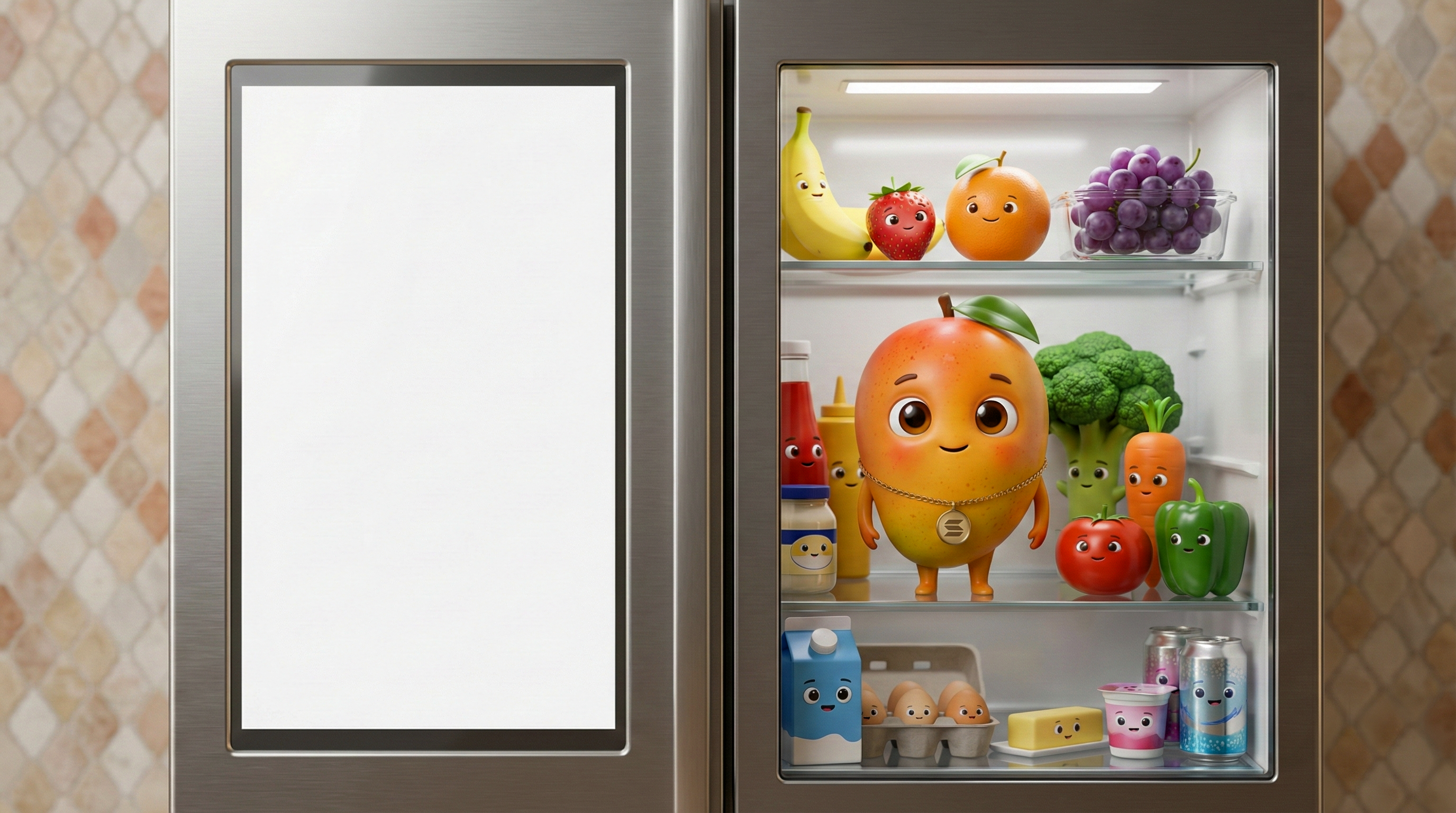 A fridge with a blank screen and animated fruit characters inside